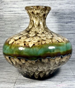 Danish Style Drip Glaze Ceramic Art Vase Mottled Tan & Brown w/ Turquoise Band - Bild 1 von 8