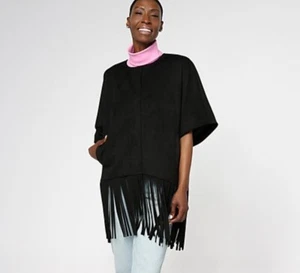 Dennis Basso Faux Suede Shawl with Fringe Black 5X A615651 - Picture 1 of 6