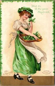 St. Patrick's Day Clapsaddle Postcard Girl Wearing Green Dress Holding Shamrocks