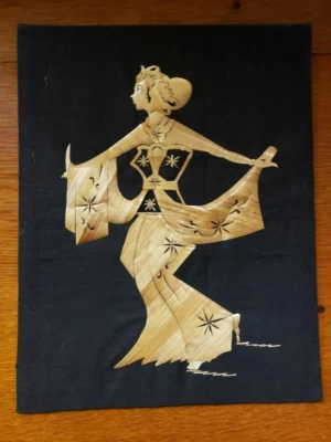 Vintage Bamboo Straw Art With Beautiful Asian Woman Dancing - Image 1 of 2
