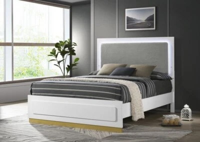 MUEBLE DORMITORIO CAMA KING LED ACENTUADO TELA GRIS ACABADO BLANCO Foto 1 de 4