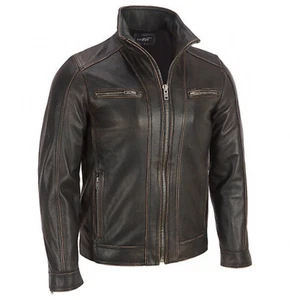 Mens Black Rivet Casual Classic Biker Motorcycle Genuine Leather Jacket - Picture 1 of 3