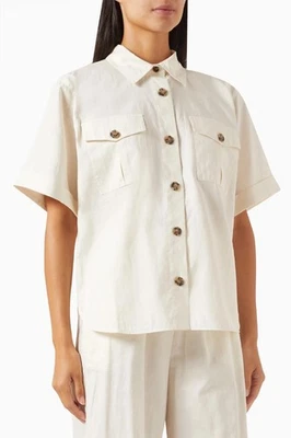 NUEVO CON ETIQUETAS MARCO Parche Bolsillo Camisa Utilitaria Mezcla de Lino Crema Relajada Talla Pequeña $348 Foto 1 de 4