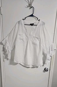 INC Linen Blend Shirt Womens 2X White Ruffled Sleeves V Neck Boho Romantic  - Picture 1 of 6