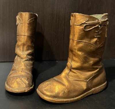 Vintage Bronzed Baby Cowboy Boots 50’s Pair Keepsake Nursery Decor Felt Bottoms - Image 1 of 4