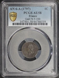 LAN 6-A (1797) France Bronze Centime Gad-76 F-100 PCGS AU-58 - Picture 1 of 2