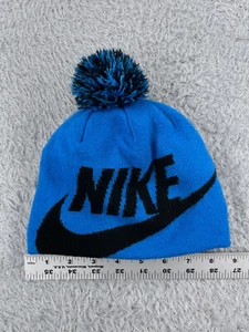 Nike Beanie Toque Youth One Size Blue Black Knit 100% Acrylic Ski Pom Outdoors - Picture 1 of 8
