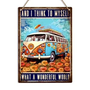 Letrero de metal Hippie And I Think To Myself placa de pared retro decoración de dormitorio vintage - Imagen 1 de 16