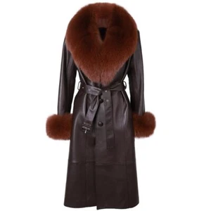 Cappotto giacca pelle collo vera pelliccia donna taglie forti con cintura soprabito - Foto 1 di 17