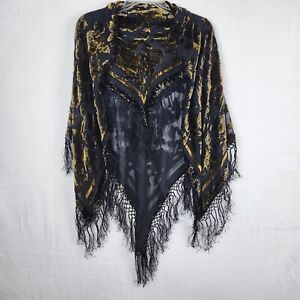 Black & Gold Floral Silk Burnout Velvet Scarf Shawl Wrap With Fringe Square 40"