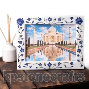 Cornice portafoto artigianale in marmo bianco 7"x9" con intarsio blu - Foto 1 di 7