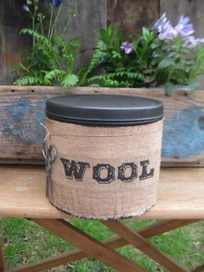 Antique Tin Pantry Box Feed Sack Sleeve Wool w Old Scissors - Picture 1 of 9