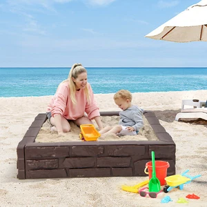 Kids Sandbox w/ Cover Bottom Liner Backyard Beach HDPE Sandpit for Outdoor Brown - Picture 1 of 7