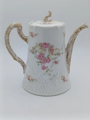 Ancienne verseuse porcelaine fleurs roses dorures effet bois XIXe – 21 cm - Photo 1/4