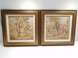 Pair of Vintage Framed Tapestry Victorian Couple, Wood Frame 14" X 14" - Picture 1 of 13