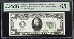 1928 B $20 Dollar Federal Reserve Note Chicago FR#2052-G Dark Green PMG 65 EPQ - Picture 1 of 2
