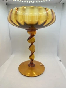 Italian Empoli Art Glass Optic Ribbed Twisted Stem Compote Candy Dish Amber 10”T - Picture 1 of 5
