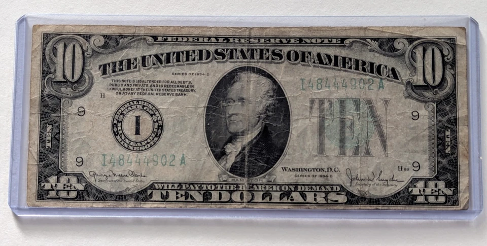 US Ten Dollars, 1934 D, $10 Federal Reserve Note  - Image 1 of 2