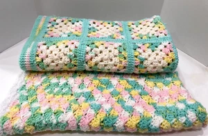 Set 2 Hand Made Knit Crochet Baby Pet Doll Blankets Pink Green Pastel Cozy Warm - Picture 1 of 5