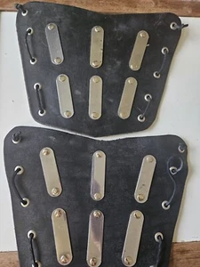 Renaissance Festival Medieval Viking Black Leather And Metal Bracers Vintage - Picture 1 of 6