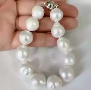 elegant 14-12mm south sea baroque white pearl bracelet 8" s925 silver - Picture 1 of 3