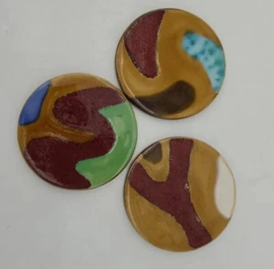 Set Of 3 Ceramic Glazed Coasters 4" Brown Teal Green Tan - Picture 1 of 7
