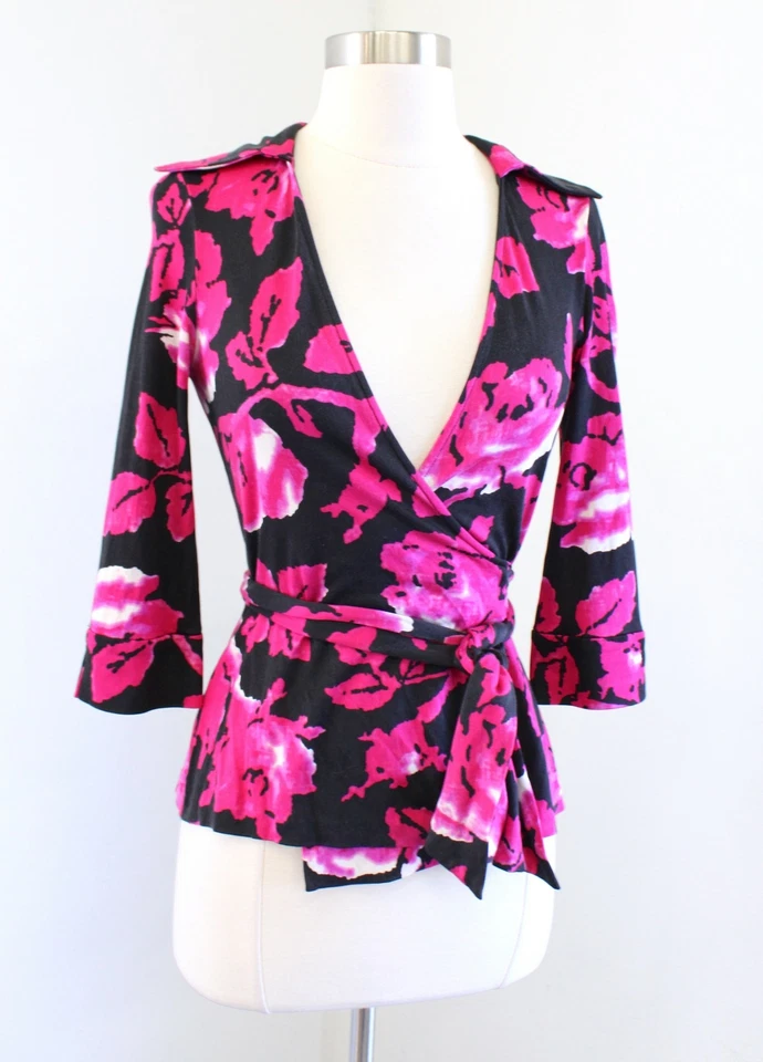 Blusa Top Diane Von Furstenberg Jill Negra Rosa Seda Jersey Floral Envolvente Talla 2 Foto 1 de 4