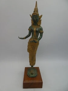 VINTAGE CAST THAI BRONZE GILT DANCING LADY DEITY GODDESS STATUE FIGURE WOOD BASE - Picture 1 of 11