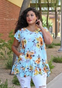 New Womens PLUS SIZE BLUE FLORAL FLOUNCE BABYDOLL TUNIC SHIRT POCKETS 1X 2X 3X - Picture 1 of 5