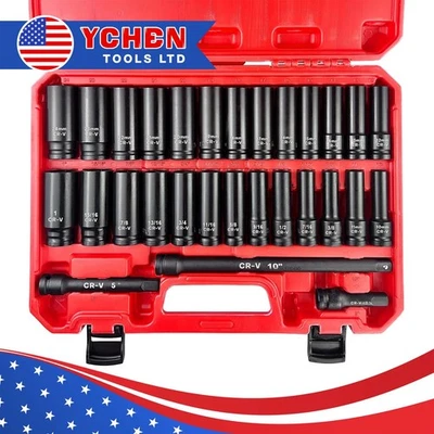 29 peças conjunto de soquete de impacto profundo 1/2" unidade SAE 3/8"-1" métrico 10mm-24mm aço Cr-V - Imagem 1 de 4