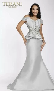 Terani 231E0509 Silver Mermaid Ball Gown Formal Off The Shoulder Sz 8 $561 - Picture 1 of 5