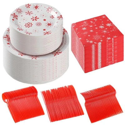 300 Pcs Snowflake Christmas Paper Plates and Napkins Set for 48 Guests Knives... - Image 1 of 4