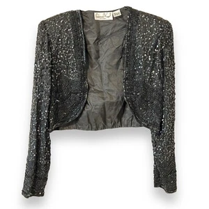 Vintage Laurence Kazar Black Evening Crop Jacket Small Sequins Beaded Silk India - Picture 1 of 15