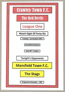 CRAWLEY TOWN v MANSFIELD TOWN 01.10.24 LEAGUE ONE PROGRAMME - Picture 1 of 3
