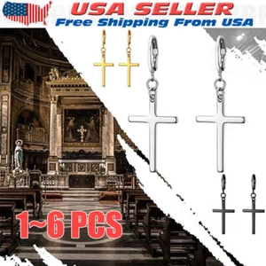 Men's Cross Dangle Earrings Stainless Steel Hinged Piercing Huggie Hoop Earring - Picture 1 of 15