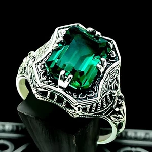 VINTAGE DESIGN 925 STERLING SILVER SIMULATED EMERALD FILIGREE RING #1228 - Picture 1 of 3