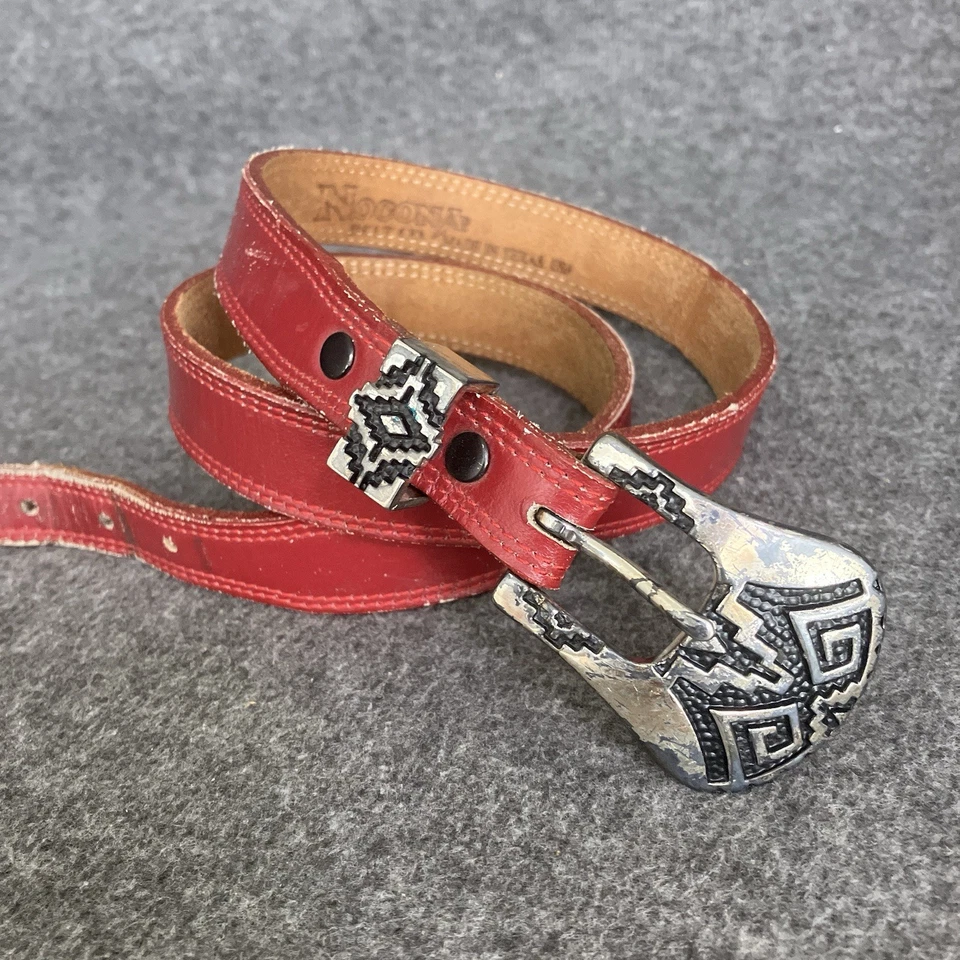 De Colección Cinturón Rojo Occidental Nocona Para Mujer Mediano 31-33” Plateado Hebilla Azteca HECHO EN EE. UU. Foto 1 de 4