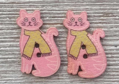 2 Pink Cat Green Scarf Sewing Buttons Crafting Wood 2 Hole 1  1/8"  - Image 1 of 2