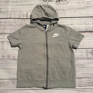 Nike Fleece Full Zip Short Sleeve Hoodie Sweatshirt Gray Logo Youth Size M - Picture 1 of 14