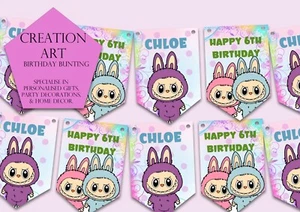 Personalised labub Birthday Bunting. , Birthday Banner , pink plush party decor - Picture 1 of 1