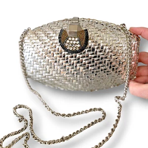 Vintage Rare RODO Italy Metal Weave Evening Bag Silver Tone with Chain Strap - Picture 1 of 19