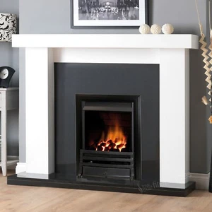 GAS WHITE SURROUND BLACK GRANITE BLACK FIRE FIREPLACE SUITE LIGHTS BIG LARGE 54" - Picture 1 of 2