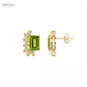 7x5mm Emerald Cut Peridot & Diamond Stud Earrings 14K Solid Gold Pushback Stud - Picture 1 of 22