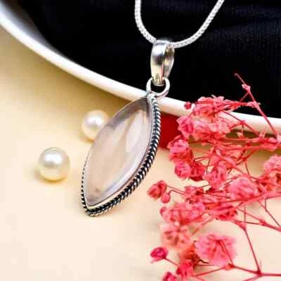 Ciondolo Fatto A Mano In Argento Sterling 925 Con Pietra Preziosa Di Quarzo Rosa - Immagine 1 di 4