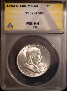 1952-D 50c Silver Franklin Half-dollar MS 64 FBL New ANACS # 7490258 + Bonus - Picture 1 of 2