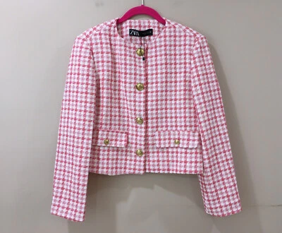 Новый с Ярлыками ZARA куртка женщин текстурированный HOUNDSTOOTH BLAZER белый/коралловый размер Xs - Изображение 1 из 4