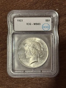 1923 Peace Silver Dollar ICG MS63 • Certified BU $1 Coin - Picture 1 of 4