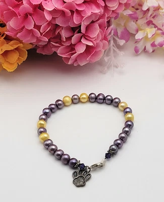 Sterling Silver Paw Print Charm Yellow & Purple Pearl Beaded Bracelet 7.5" - Image 1 of 4
