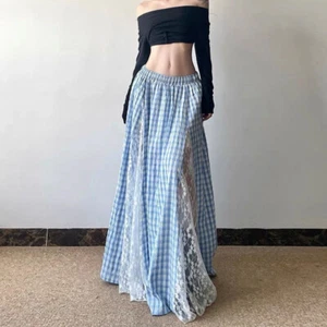 Plaid A-line Skirt Elastic High Waist Lace Splice Irregular Skirt Full length - Picture 1 of 14