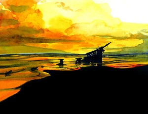 Iredale Shipwreck Seaside Oregon Sunset Watercolor 4x6 Print Postcard - Bild 1 von 1